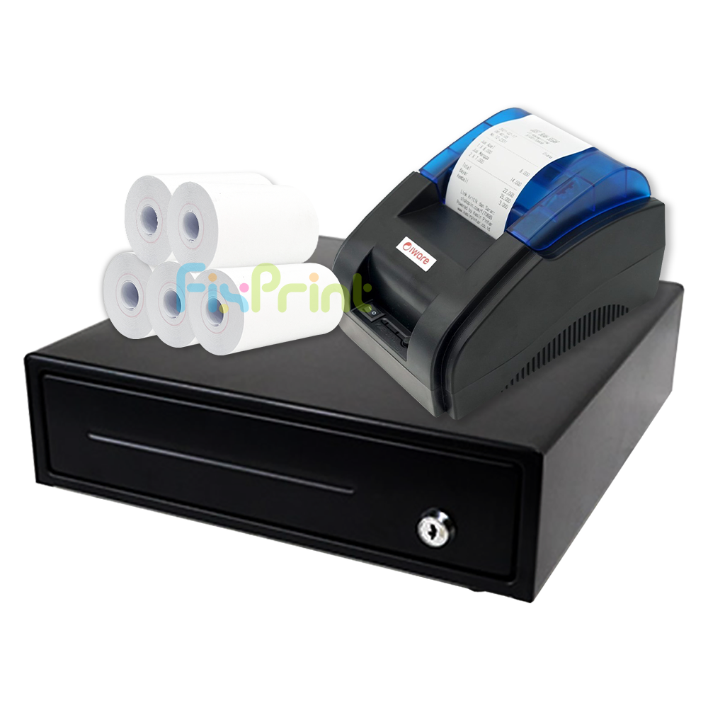 BUNDLING Printer Kasir Thermal Iware C-58BT Bluetooth + Cash Drawer CD-330 4 Slot Kertas 4 Slot Koin + Kertas Thermal 57mm x 30mm 5 Roll